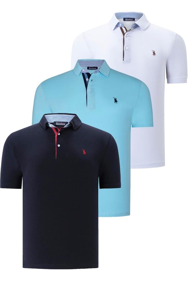 dewberry TRIPLE SET T8582 DEWBERRY MENS T-SHIRT-NAVY BLUE-WHITE-CYAN