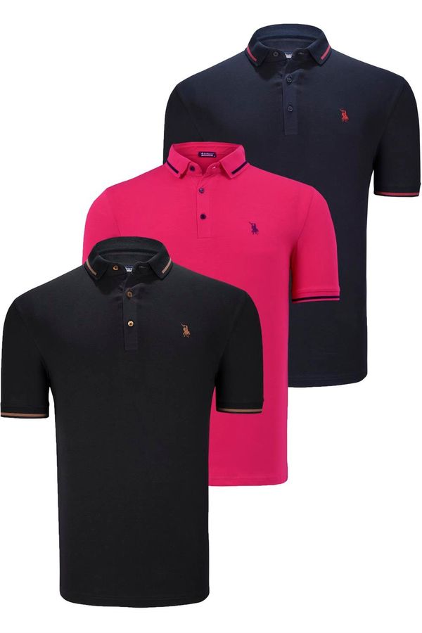 dewberry TRIPLE SET T8586 DEWBERRY MEN'S T-SHIRT-BLACK-NAVY-FUCHSIA