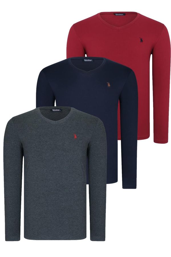 dewberry TRIPLE SET T8587 DEWBERRY V-NECK MEN'S SWEATSHIRT-NAVY-ANTHRACITE-BURGUNDY