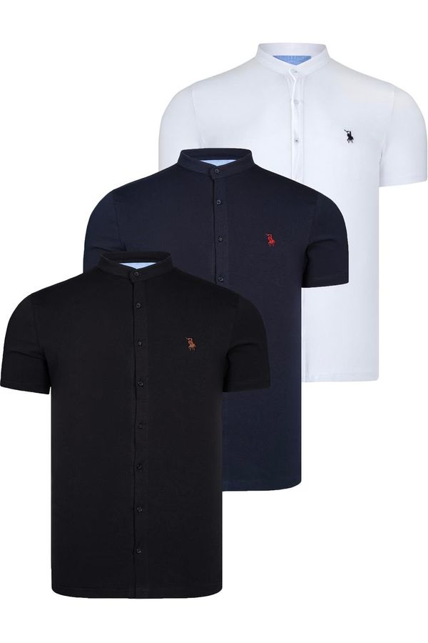 dewberry TRIPLE SET T8597 DEWBERRY MEN'S SHIRT-BLACK-WHITE-NAVY BLUE