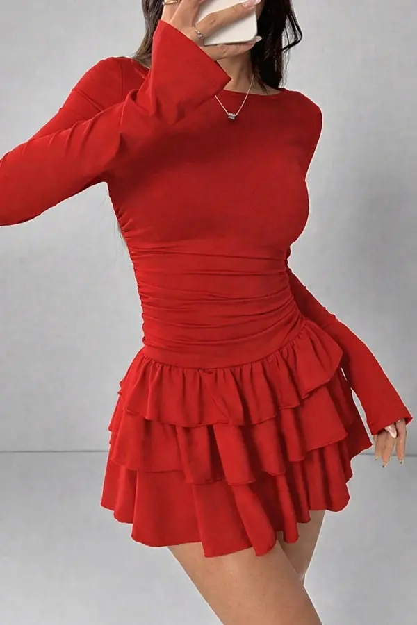 dewberry Večplastna mini obleka z nabranimi robovi - rdeča