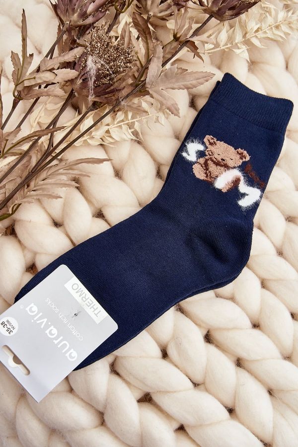 Kesi Warm cotton socks with teddy bear, navy blue