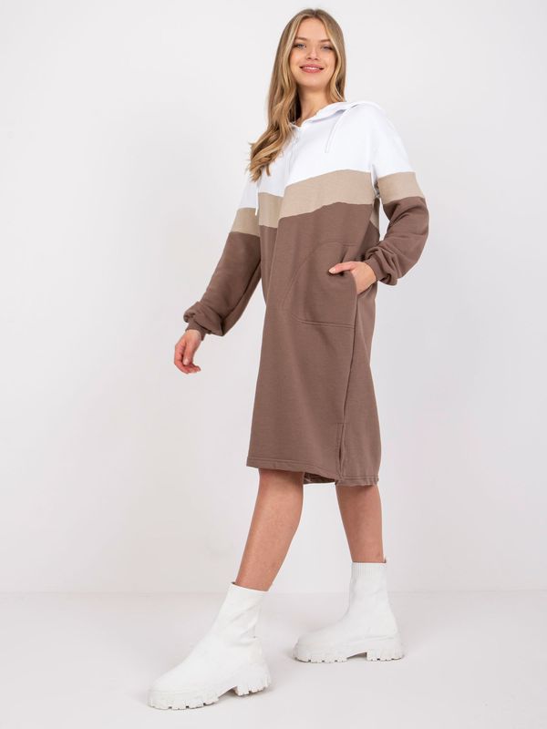 Fashionhunters White and Brown Hoodie Dress Irem RUE PARIS