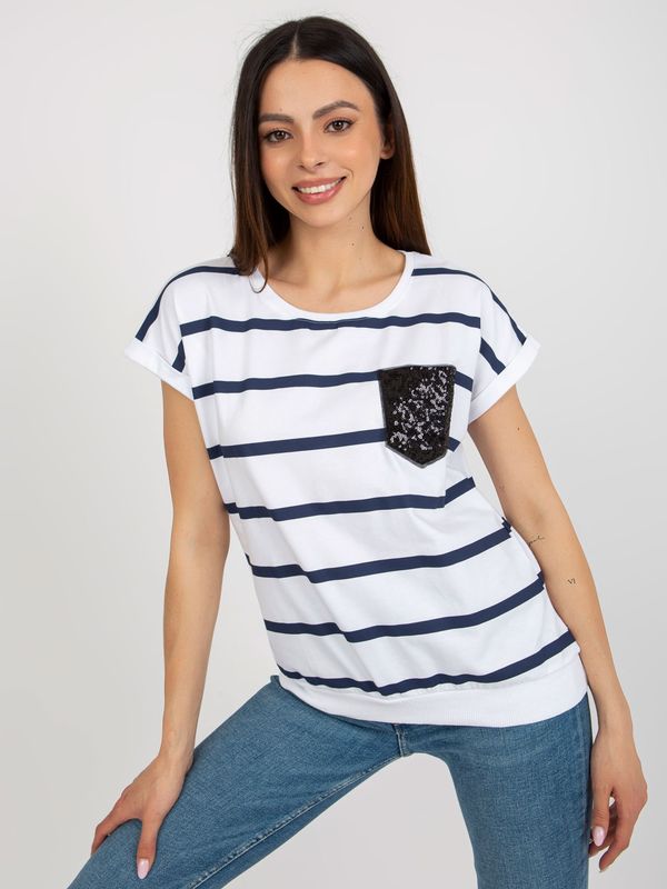 Fashionhunters White and dark blue striped blouse with decorative pocket