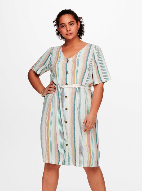 Only White-green striped linen dress ONLY CARMAKOMA Stacy - Women