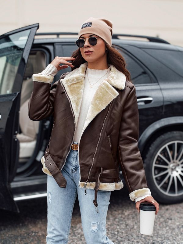 DStreet Women's NORFDIMA leather jacket with fur - coffee Dstreet