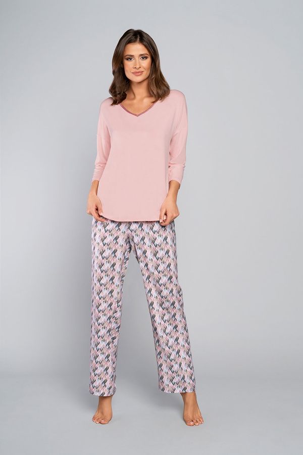 Italian Fashion Women's bamboo pyjamas, 3/4 sleeve, long legs - powder pink/print