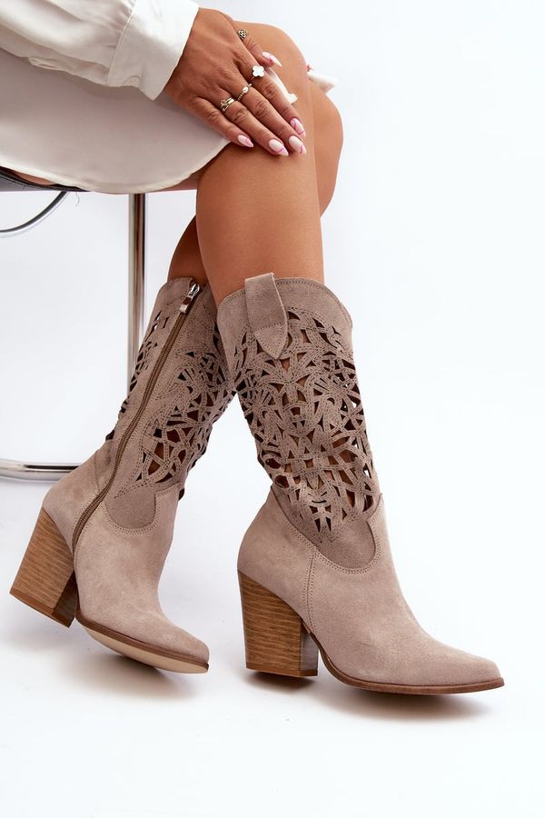 Zazoo Women's Beige Suede High Heel Openwork Boots Zazoo 3166/P