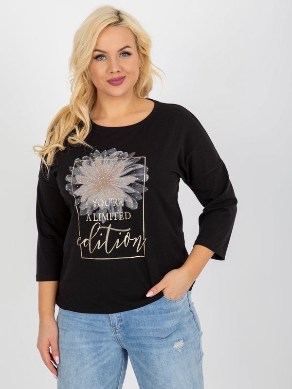 Fashionhunters Women's black blouse plus size with inscription and rhinestones