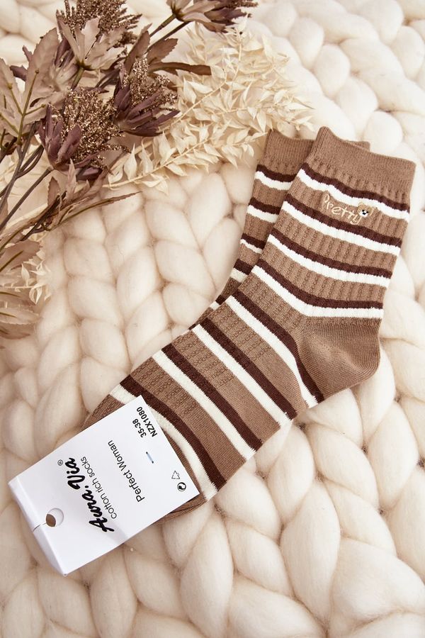 Kesi Women's brown striped socks with teddy bear