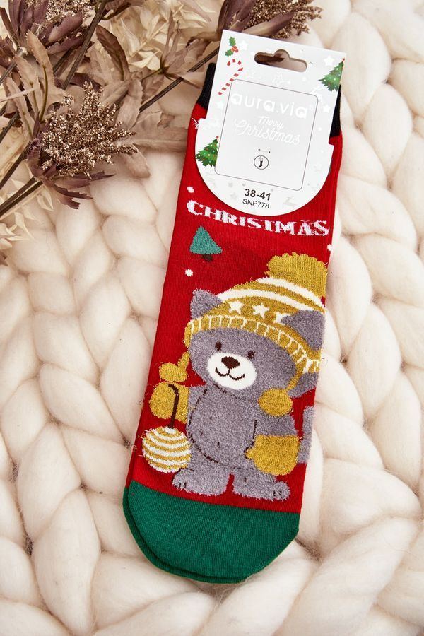 Kesi Women's Christmas socks with teddy bear, red