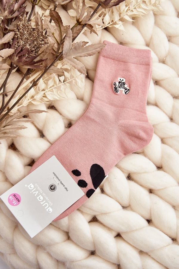 Kesi Women's cotton socks with pink teddy bear applique