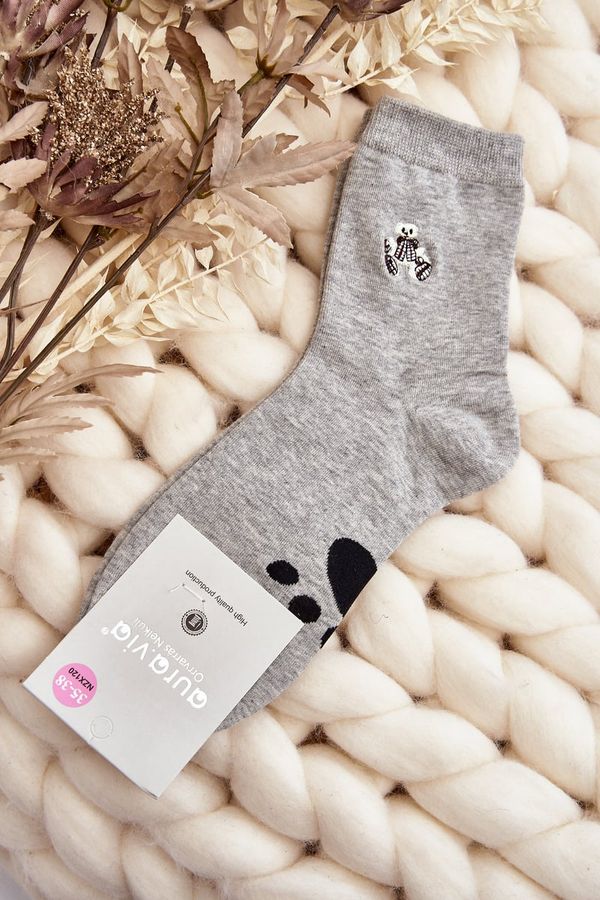 Kesi Women's cotton socks with teddy bear applique, grey