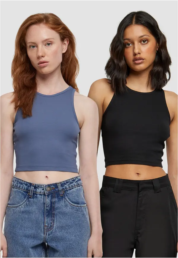 Urban Classics Women's Cropped Rib Top - 2 Pack Blue+Black