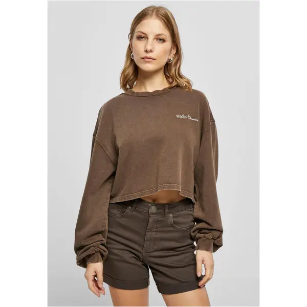 Urban Classics Women's Cropped Small Embroidery Terry Crewneck brown