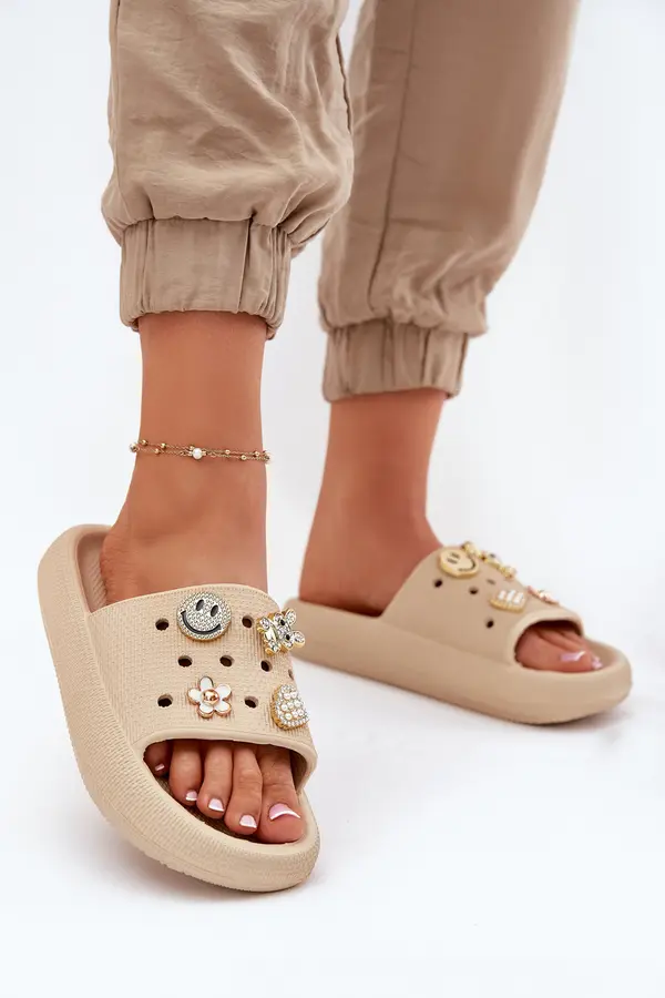 VINCEZA Women's Foam Slippers With Embellishments Beige Vinceza 76055