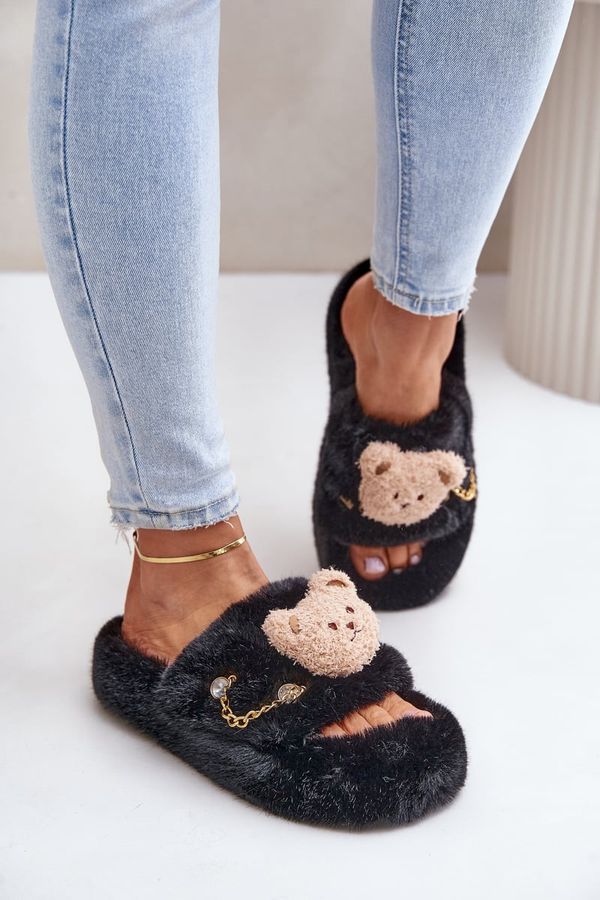 Kesi Women's Furry Slippers With Teddy Bear And Decorative Elements Black Innalise