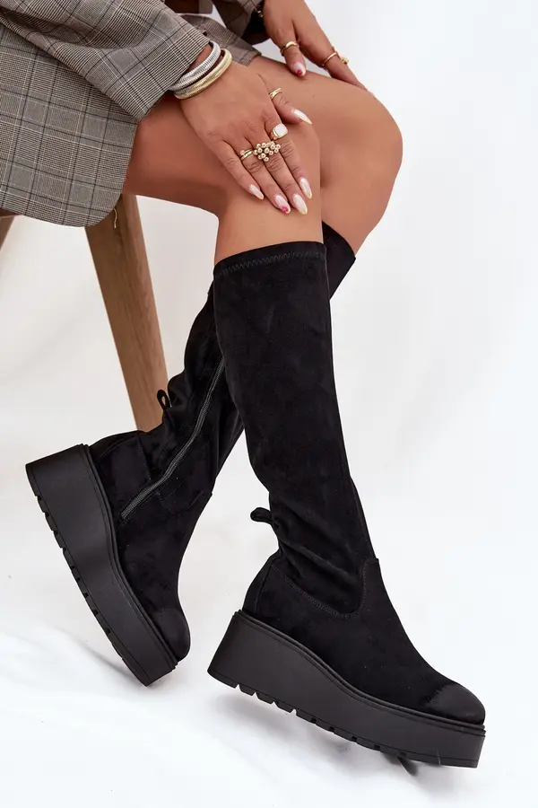VINCEZA Womens Knee High Platform And Wedge Boots Black Vinceza 58342
