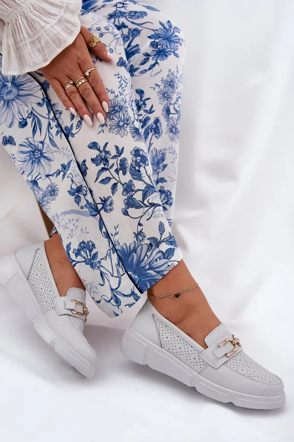 VINCEZA Women's Leather Loafers with Golden Detail Jasnoszare Vinceza 88007