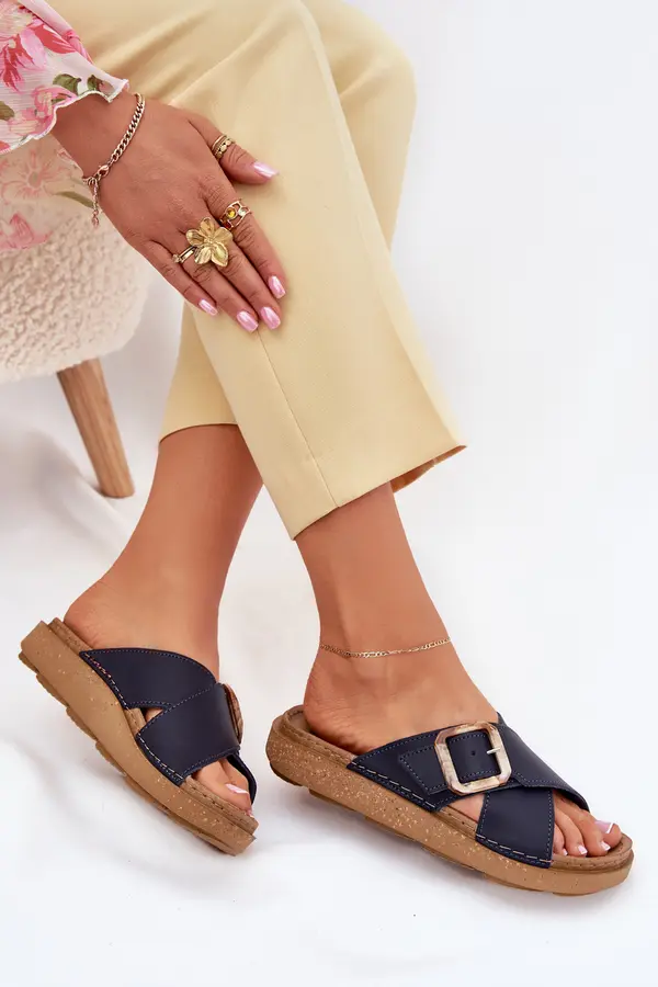 Inblu Women's Leather Slippers With Buckle Inblu Dark Blue