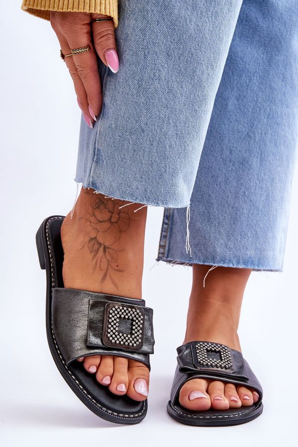 Kesi Women's leather slippers with rhinestones S.Barski - dark silver