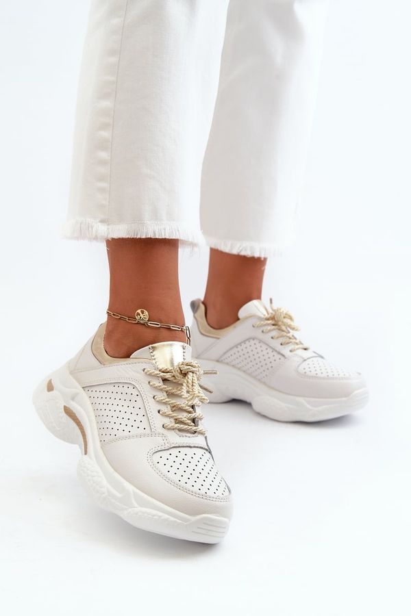 Kesi Women's leather sneakers with thick white and gold Dzumati soles
