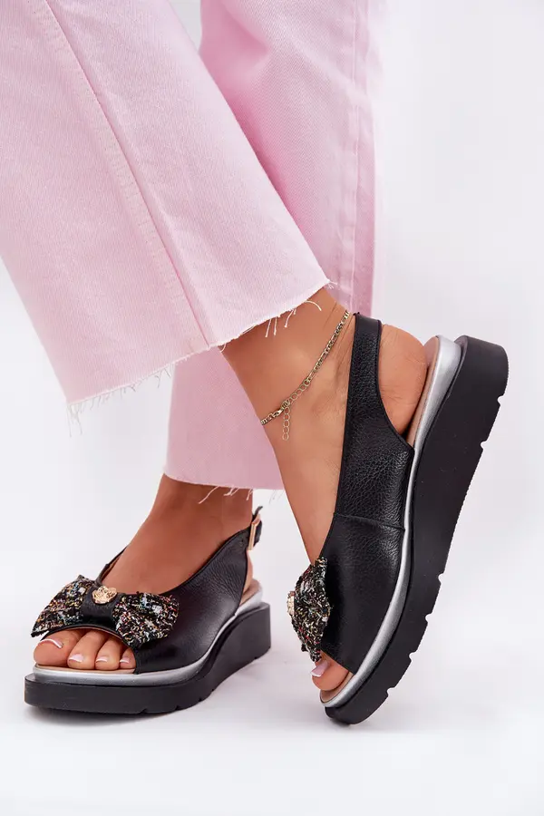 Zazoo Women's leather wedge sandals with bow Zazoo 1882 black