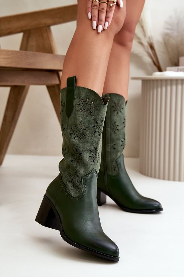 Kesi Women's mid-calf openwork boots made of eco suede green Nevilos