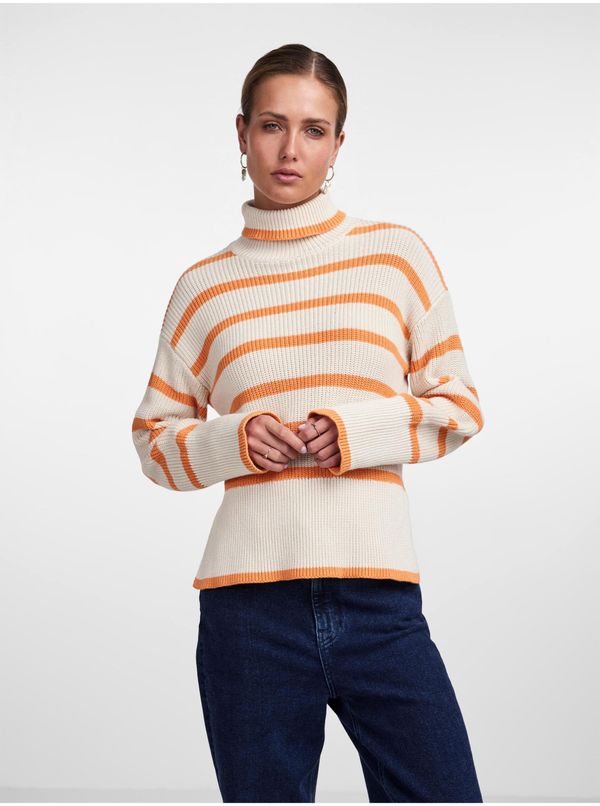 Pieces Women's Orange and Cream Striped Turtleneck Pieces June - Women's