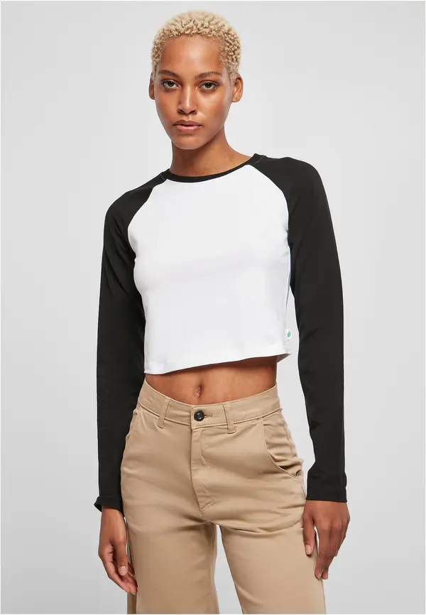 Urban Classics Women's Organic Cropped Retro Baseball Long Sleeve White/Black