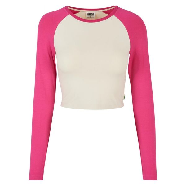 Urban Classics Women's Organic Cropped Retro Baseball Longsleeve Whitesand/Hibiscus Pink