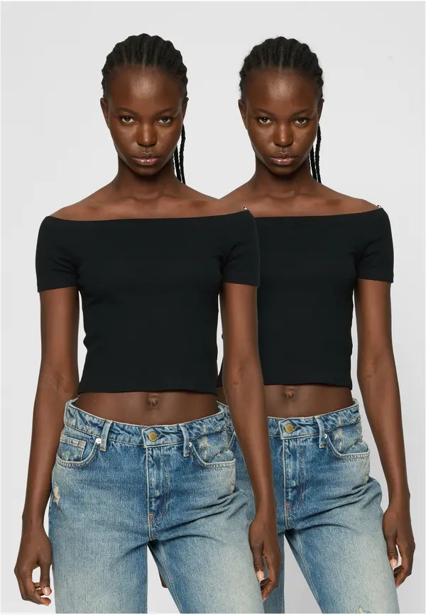 Urban Classics Women's Organic Off Shoulder Rib T-Shirt - 2 Pack Black+Black