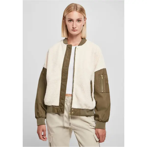 Urban Classics Women's Oversized Sherpa Mixed Bomber Jacket whitesand/darkolive