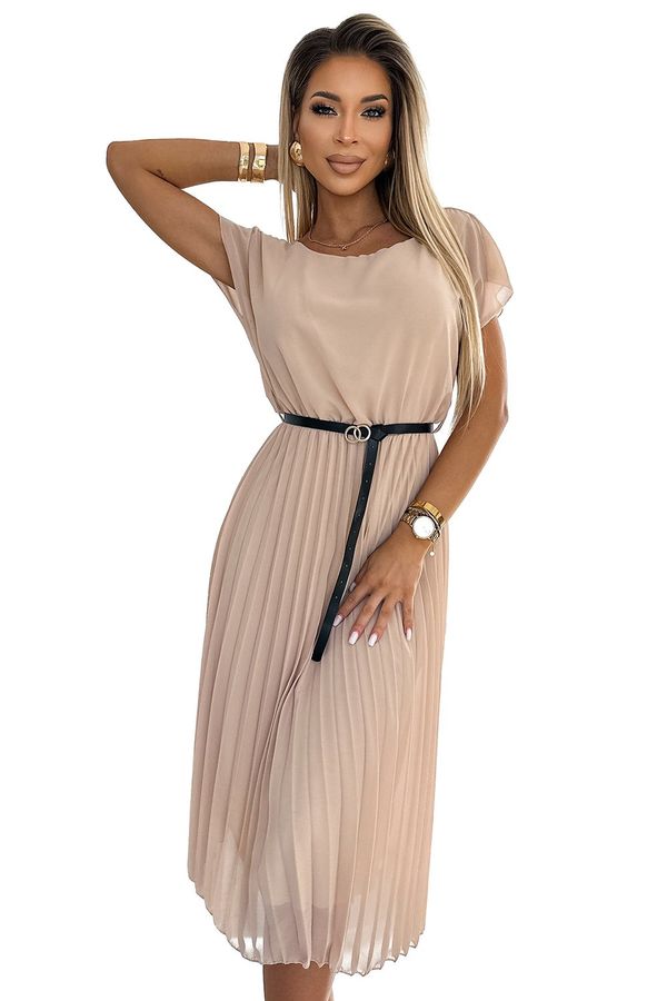 NUMOCO Women's pleated midi dress with black belt Numoco