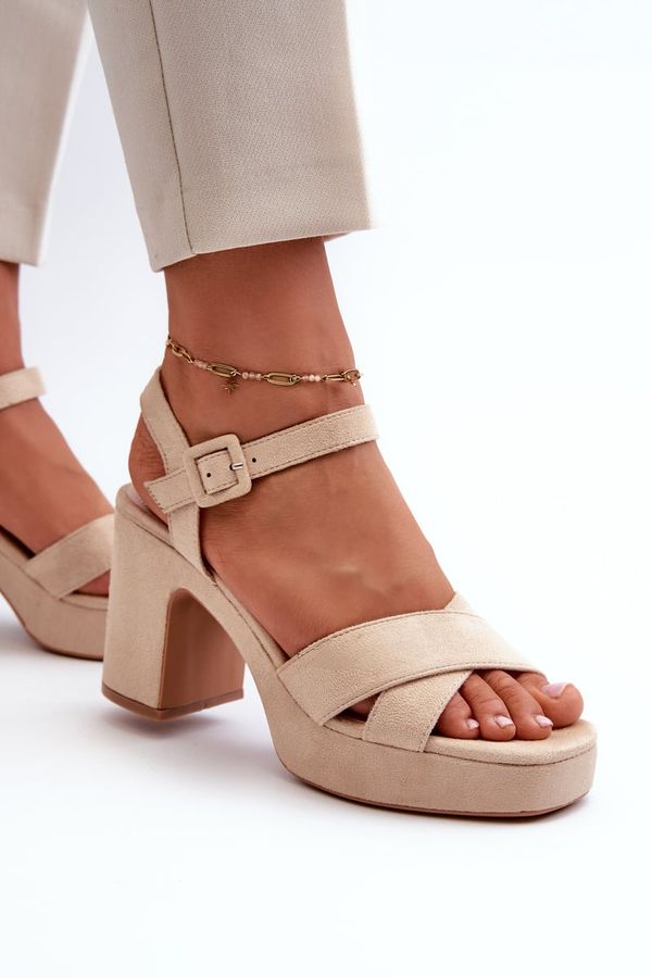 Kesi Women's sandals made of eco-friendly suede on a high heel and platform, light beige color Sakane