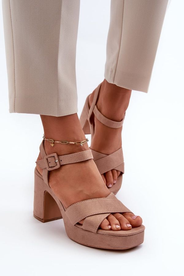 Kesi Women's sandals made of eco-suede on a high heel and platform, dark beige Sakane