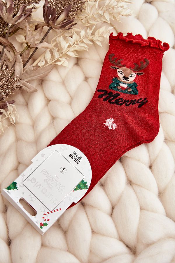 Kesi Women's Shiny Christmas Socks with Red Reindeer