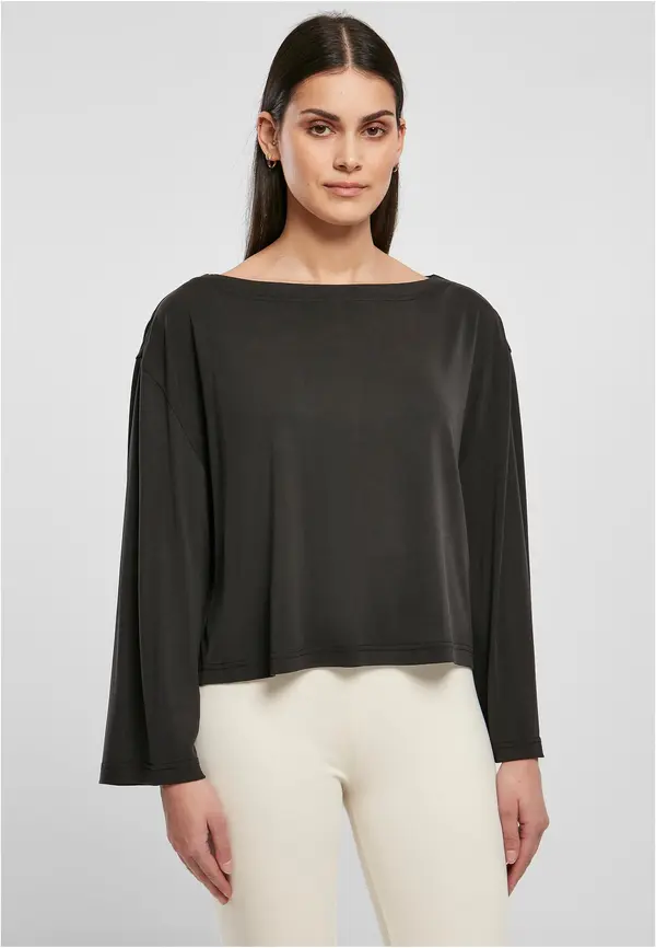 Urban Classics Women's short modal neckline Bateau with long sleeves, black