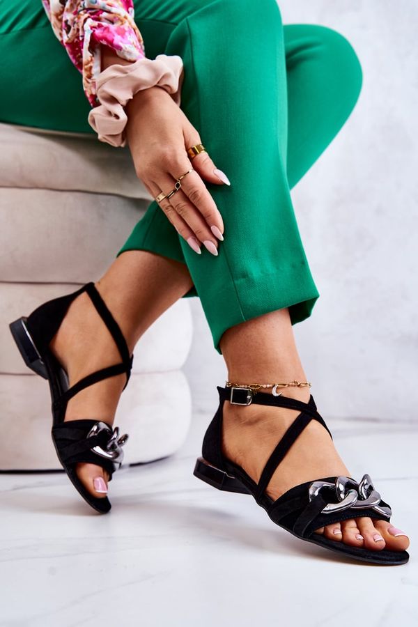 Laura Messi Women's Suede Sandals With A Chain Laura Messi 2365 Black