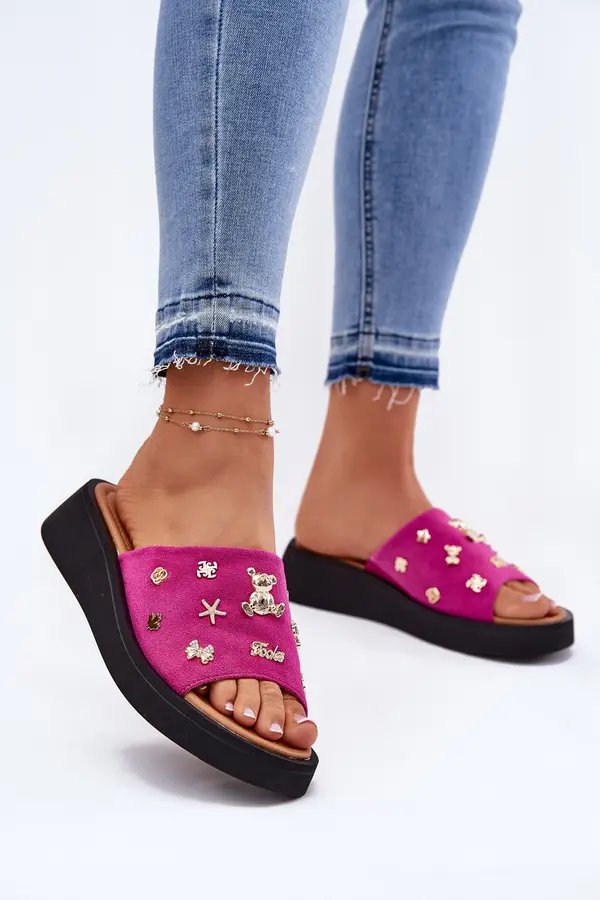 VINCEZA Women's Suede Slippers With Pins Fuchsia Vinceza 66741