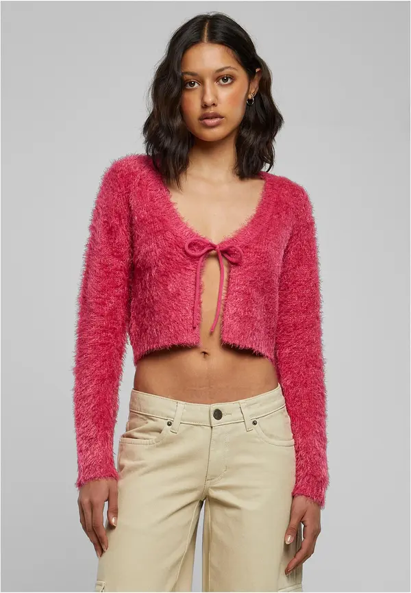 Urban Classics Women's sweater hibiskuspink knotted Cropped Feather Cardigan