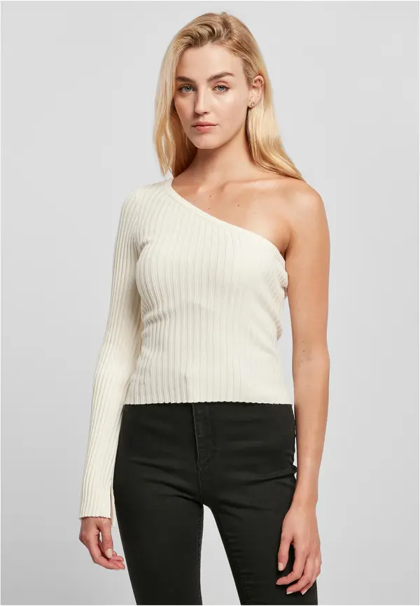 Urban Classics Women's sweater with short rib knit with one sleeve whitesand