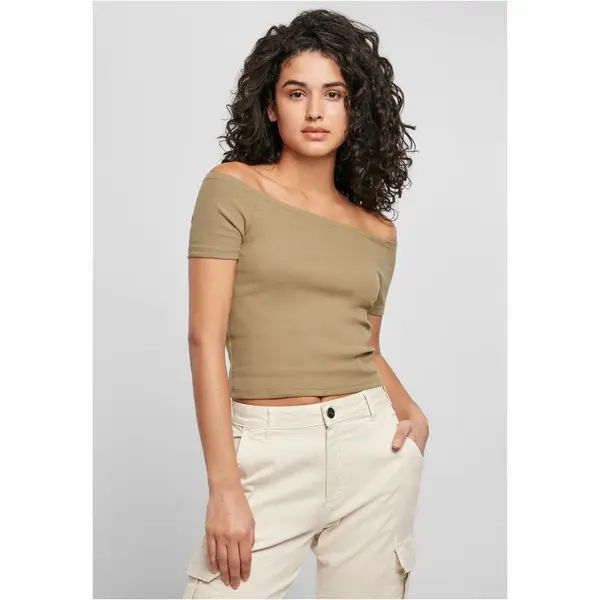Urban Classics Women's t-shirt in khaki color with a buttoned shoulder