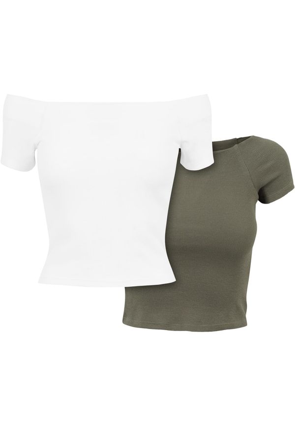 UC Ladies Women's T-Shirt Off Shoulder Rib Tee 2-Pack White+Olive