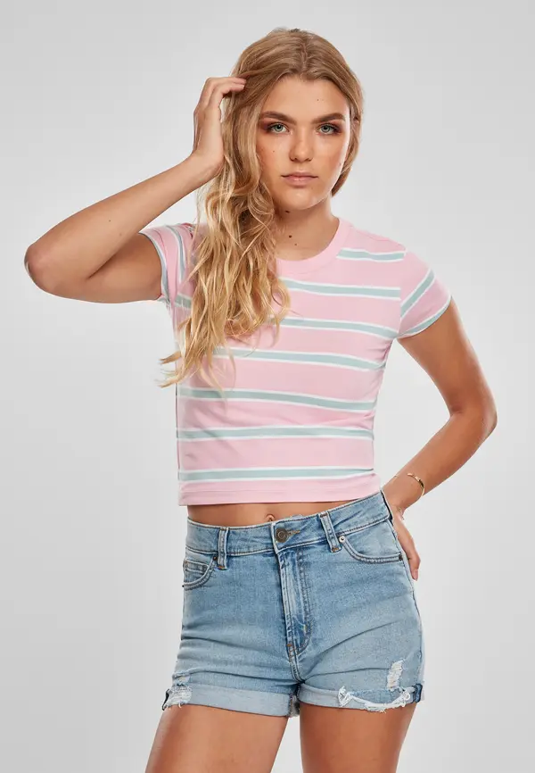 Urban Classics Women's T-shirt Stripe Cropped Girls pink/ocean blue
