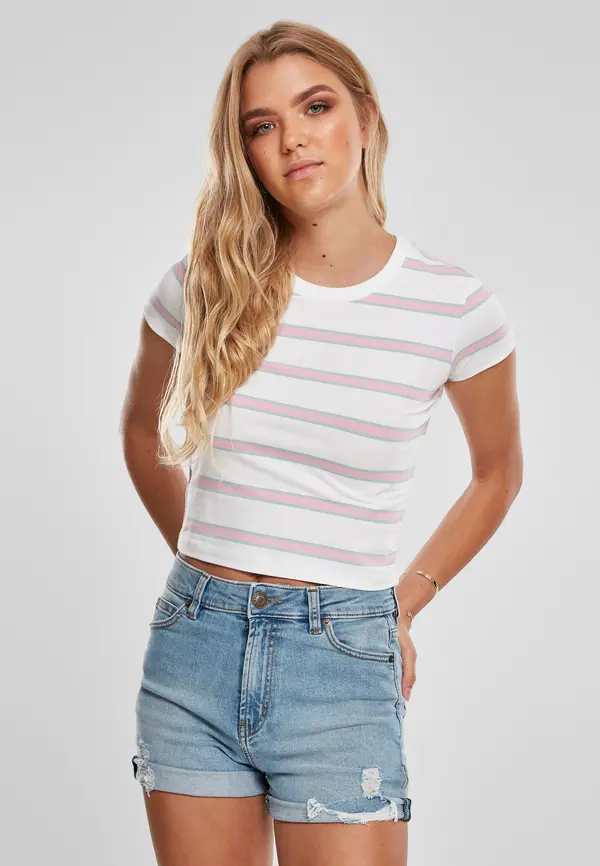 Urban Classics Women's T-shirt Stripe Cropped T-shirt white/girls' pink