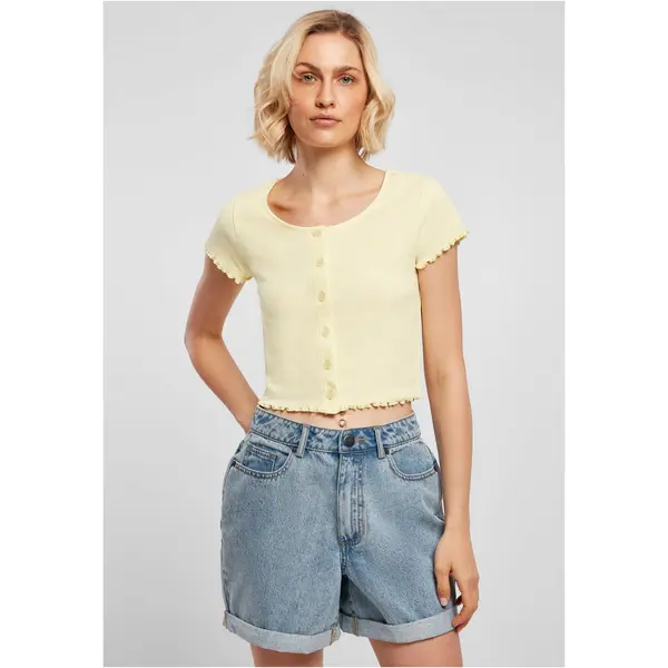 Urban Classics Women's T-shirt with button and rib fastening in soft yellow color