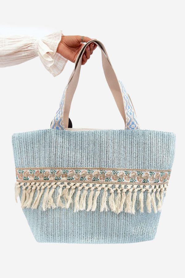 Kesi Woven Large Beach Bag with Fringe Blue Missalori