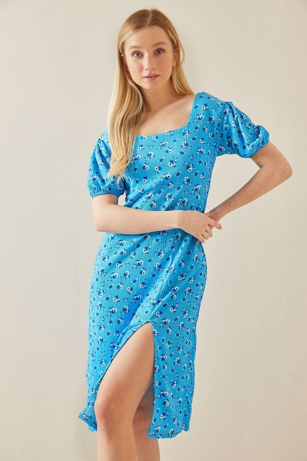 XHAN XHAN Blue Floral Pattern Belt Textured Midi Dress