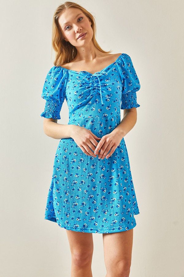 XHAN XHAN Turquoise Floral Patterned Gimped Sleeve Dress